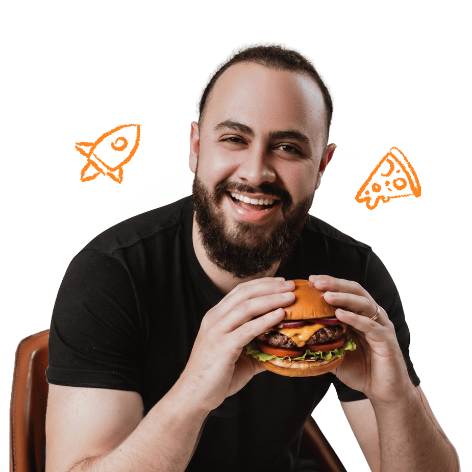 Foto do Danilo segurando hamburguer